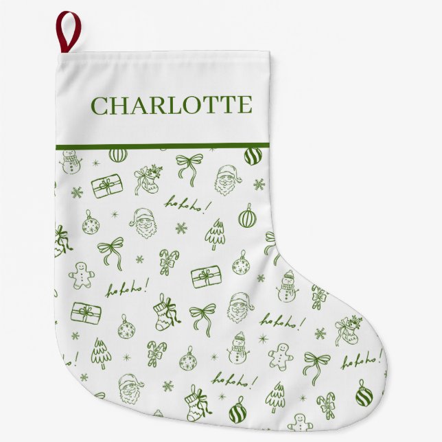 Whimsical Hand Drawn Doodle Green Large Christmas Stocking (Front)