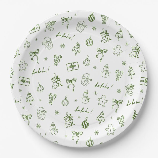 Whimsical Hand Drawn Doodle Green Paper Plate (Front)