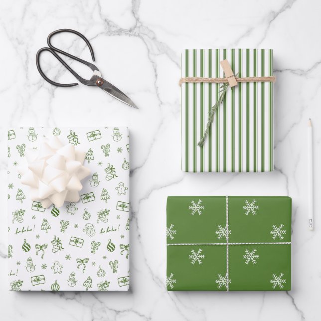 Whimsical Hand Drawn Doodle Green Wrapping Paper Sheet (Front)