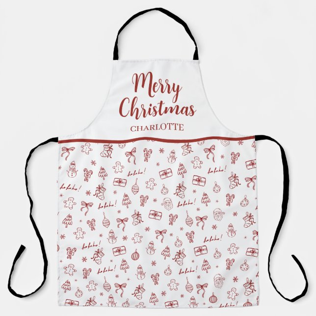 Whimsical Hand Drawn Doodle Red Apron (Front)