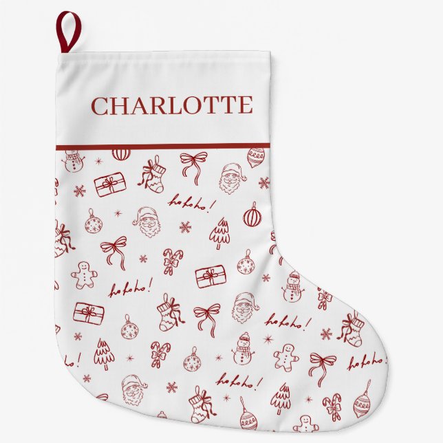Whimsical Hand Drawn Doodle Red Large Christmas Stocking (Front)