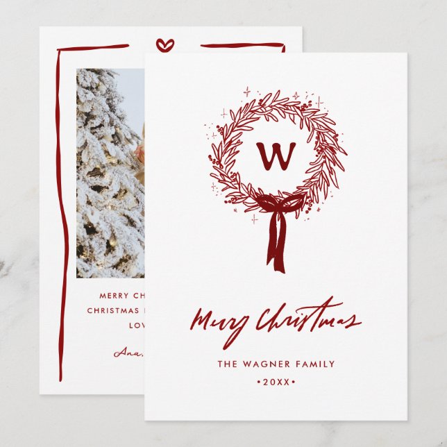 Whimsical Hand Drawn Doodle Wreath Christmas Photo Holiday Card (Front/Back)
