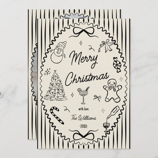 Whimsical Hand Drawn Doodles Christmas Photo  Holiday Card (Front/Back)