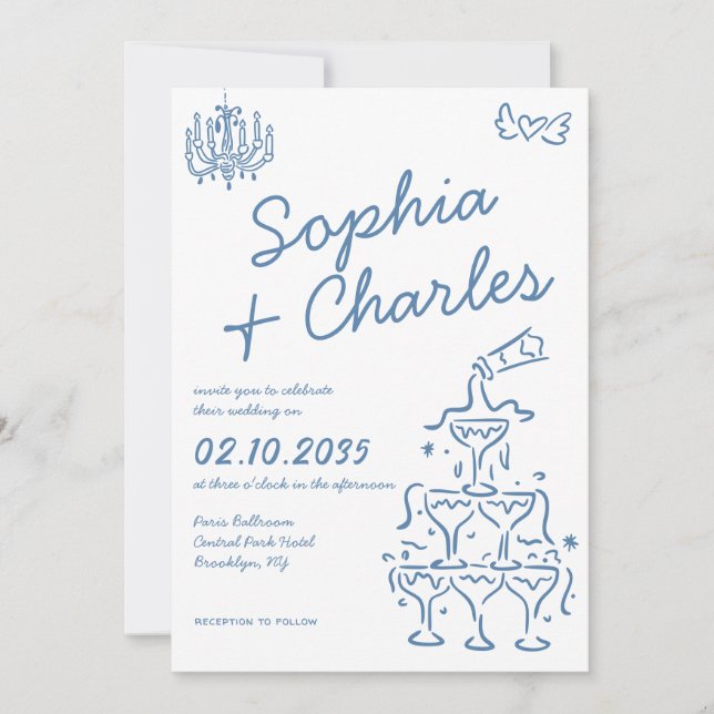 Whimsical Hand Drawn Doodles Photo QR Wedding Invitation (Front)