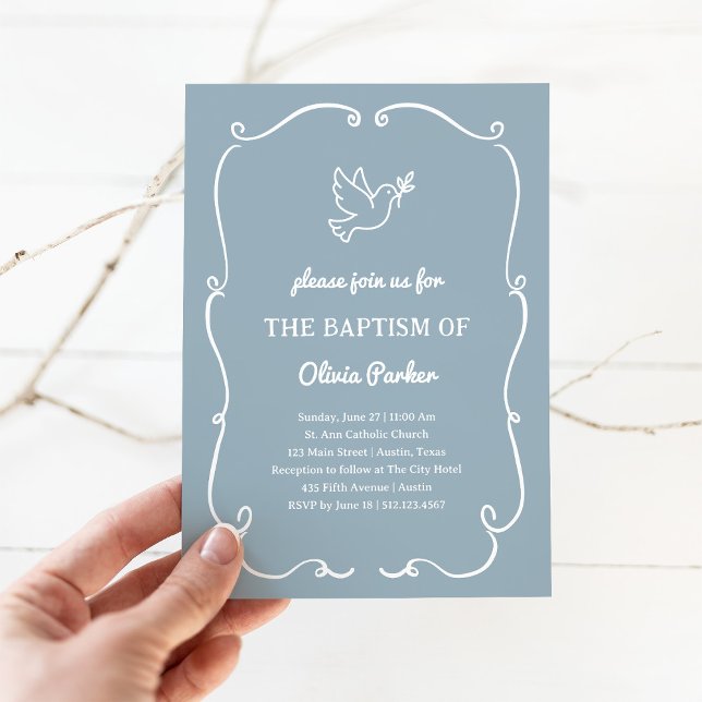 Whimsical Hand-Drawn Dove Blue | Baptism Invitation (Creator Uploaded)
