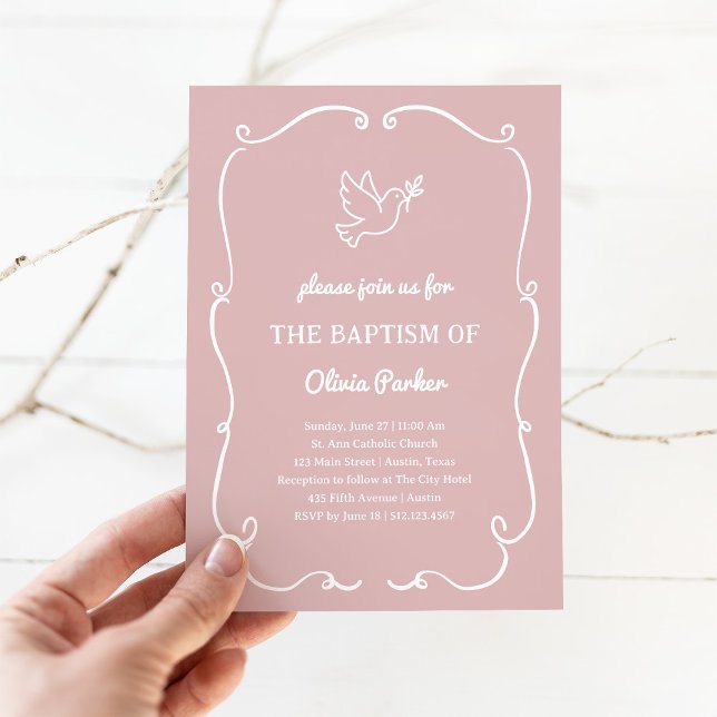 Whimsical Hand-Drawn Dove Pink | Baptism Invitation (Creator Uploaded)