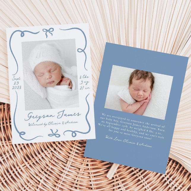 Whimsical Hand-Drawn Dusty Blue Bows 2 Photo Birth Announcement (Creator Uploaded)