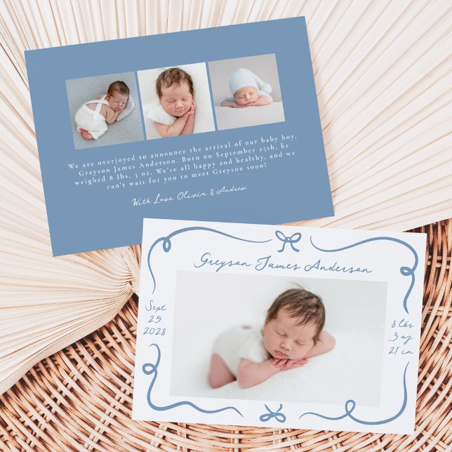 Whimsical Hand-Drawn Dusty Blue Bows 4 Photo Birth Announcement (Creator Uploaded)