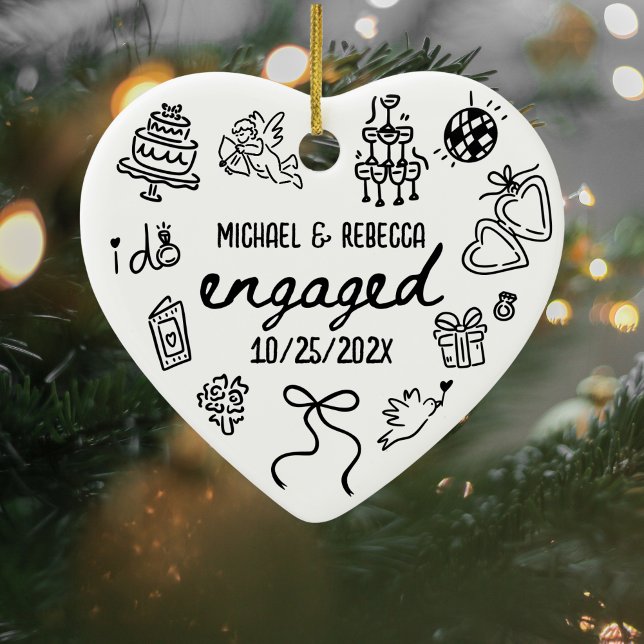 Whimsical Hand Drawn Engagement Christmas Ceramic Ornament (Newly Engaged Christmas Ornament)