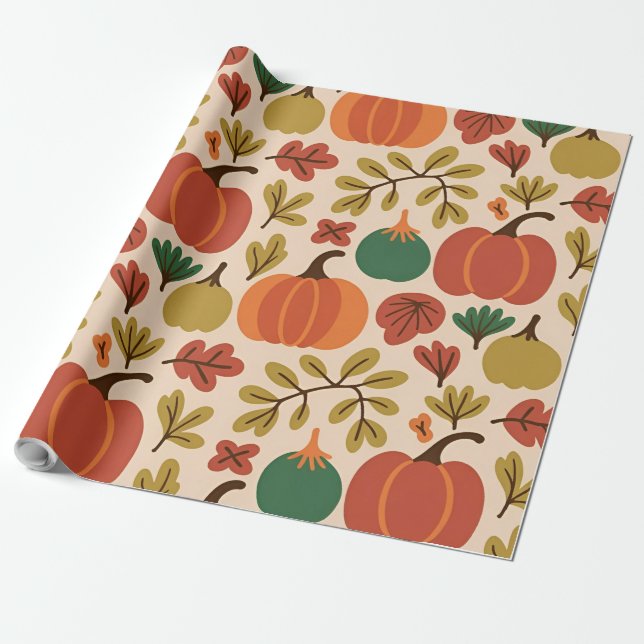 Whimsical Hand-Drawn Fall Halloween Pumpkin Seamle Wrapping Paper (Unrolled)