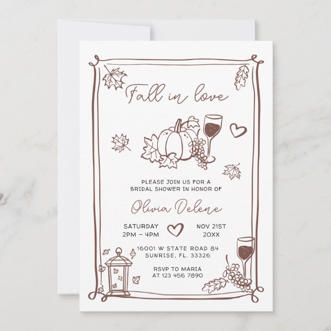 Whimsical Hand Drawn Fall In Love Bridal Shower  Invitation (Front)