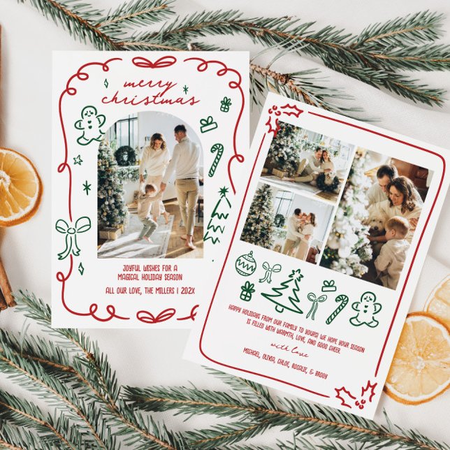 Whimsical Hand Drawn Family Photo Holiday Card (Whimsical Hand Drawn Family Photo Christmas Card)