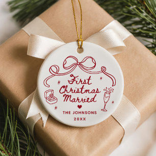 Whimsical Hand Drawn First Christmas Married Ceramic Ornament