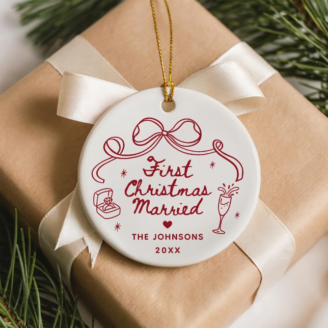 Whimsical Hand Drawn  First Christmas Married Ceramic Ornament (Creator Uploaded)