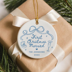 Whimsical Hand Drawn First Christmas Married Ceramic Ornament