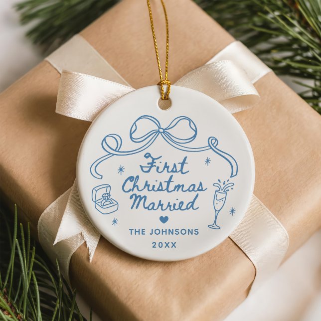 Whimsical Hand Drawn  First Christmas Married Ceramic Ornament (Creator Uploaded)