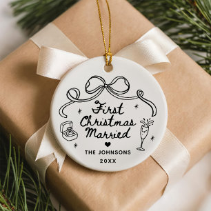 Whimsical Hand Drawn  First Christmas Married Ceramic Ornament