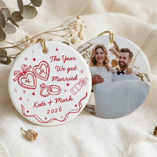 Whimsical Hand Drawn First Christmas Married Ceramic Ornament