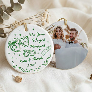 Whimsical Hand Drawn First Christmas Married Ceramic Ornament