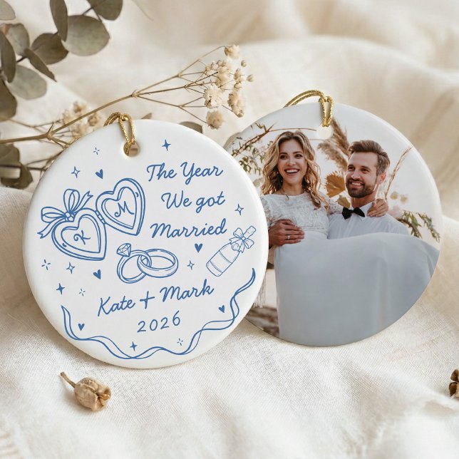 Whimsical Hand Drawn First Christmas Married Ceramic Ornament (Creator Uploaded)