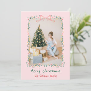 Whimsical Hand Drawn Floral Bow Christmas 1 Photo Holiday Card