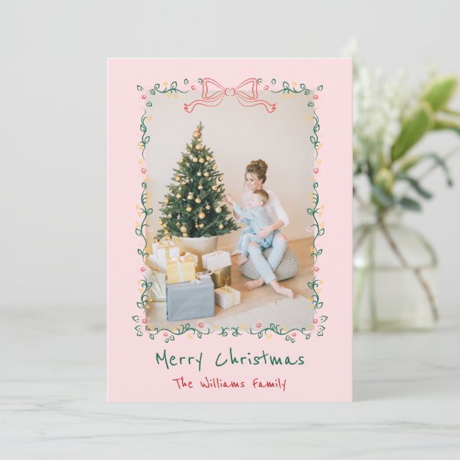 Whimsical Hand Drawn Floral Bow Christmas 1 Photo Holiday Card (Standing Front)