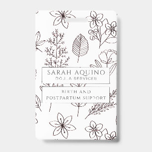 Whimsical Hand Drawn Floral On White Doula ID Badge