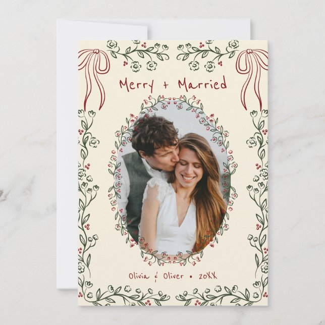 Whimsical Hand Drawn Floral Photo Newlywed Holiday Card (Front)