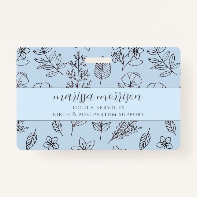 Whimsical Hand Drawn Floral Script Blue Doula ID Badge (Front)