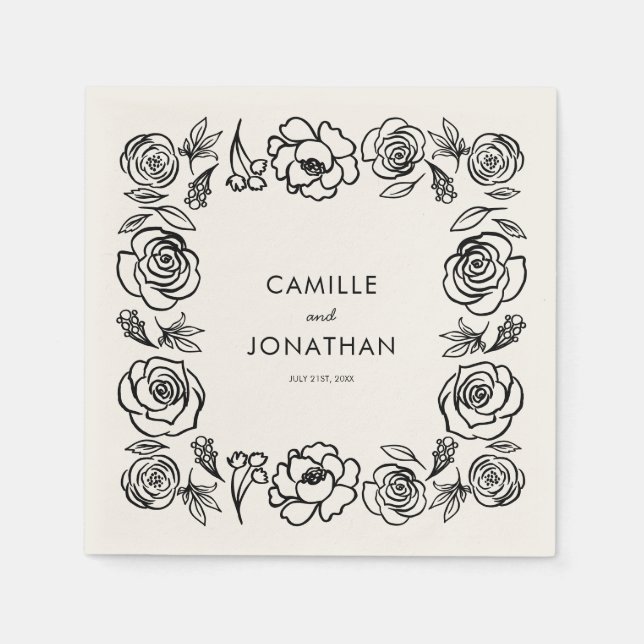 Whimsical Hand Drawn Floral Wedding Paper Napkin (Front)