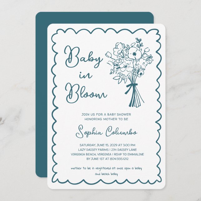 Whimsical Hand Drawn Flower Bouquet Baby in Bloom  Invitation (Front/Back)
