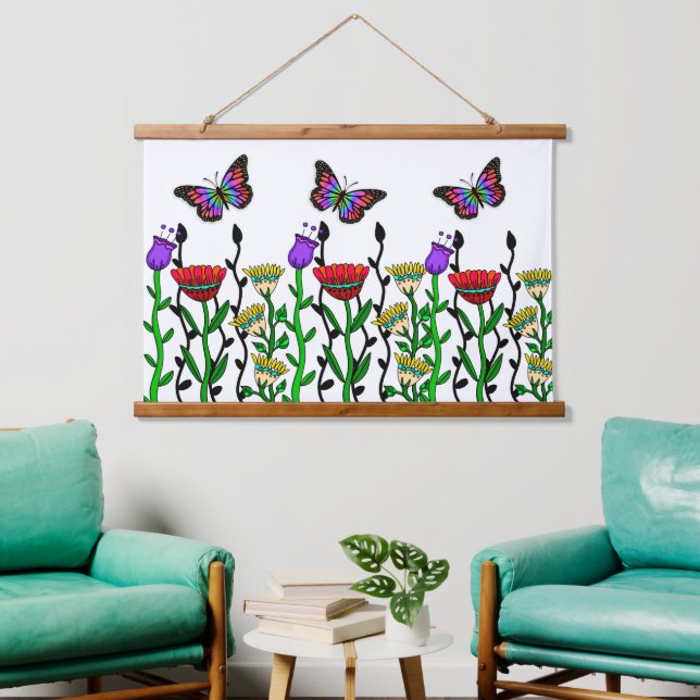 Whimsical Hand Drawn Flowers and Butterflies Hanging Tapestry (Living Room)