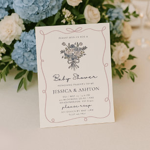 Whimsical hand-drawn flowers and frame baby shower invitation