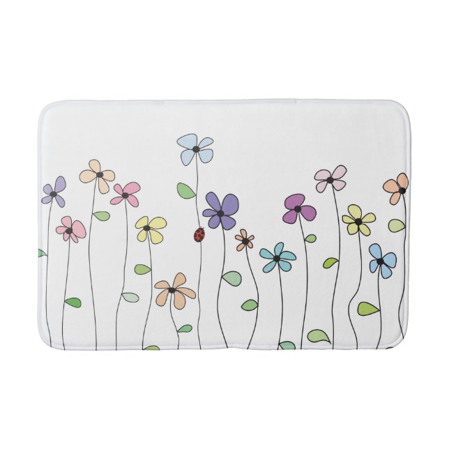 Whimsical Hand Drawn Flowers & Ladybug Bath Mat (Front)