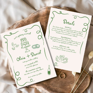 Whimsical Hand Drawn French Green Details Wedding Invitation