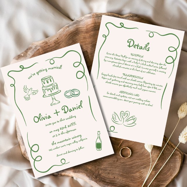 Whimsical Hand Drawn French Green Details Wedding Invitation (Creator Uploaded)