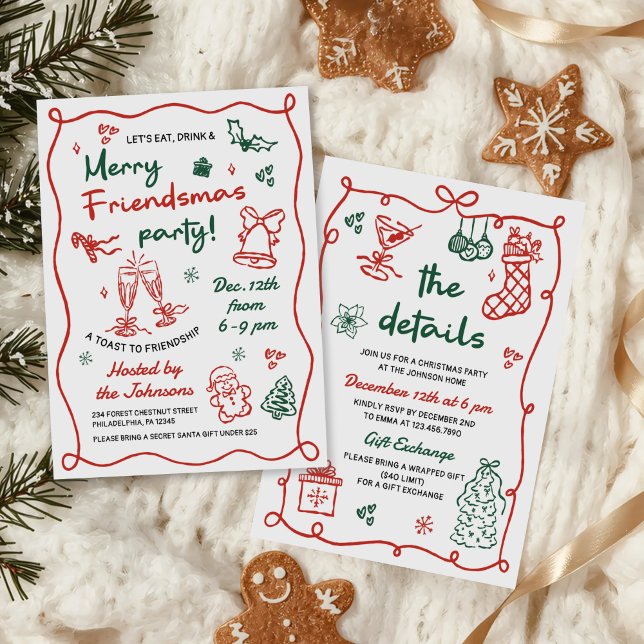 Whimsical Hand Drawn Friendsmas Christmas Party Invitation (Creator Uploaded)