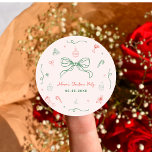 Whimsical Hand Drawn Fun French Christmas Party Classic Round Sticker<br><div class="desc">Add a playful touch to your holiday celebration with these whimsical hand-drawn French Christmas party stickers. Featuring quirky doodles in festive pink, red, and green, and a charming vintage coquette aesthetic, they’re perfect for sealing envelopes, decorating gifts, or personalising party favours. With editable text, these customisable stickers bring fun, style,...</div>