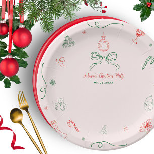Whimsical Hand Drawn Fun French Christmas Party Paper Plate