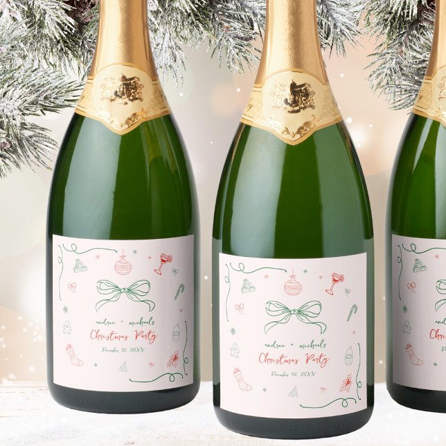 Whimsical Hand Drawn Fun French Christmas Party Sparkling Wine Label (Creator Uploaded)