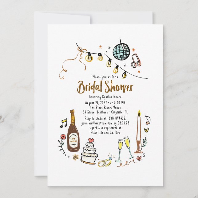 Whimsical Hand Drawn Funky Bridal Shower Invitation (Front)