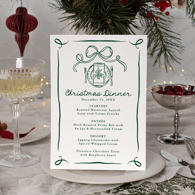 Whimsical Hand-Drawn Green Bow Christmas Dinner Menu (Creator Uploaded)