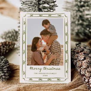 Whimsical Hand-Drawn Green Bow Frame 2 Photo Holiday Card