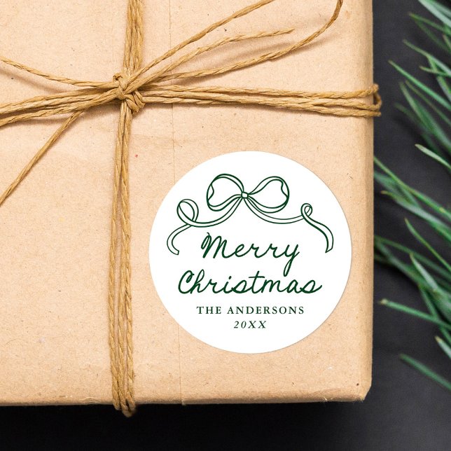 Whimsical Hand-Drawn Green Bow Merry Christmas Classic Round Sticker (Creator Uploaded)