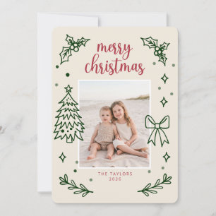 Whimsical Hand Drawn Green Bow Photo Christmas Holiday Card