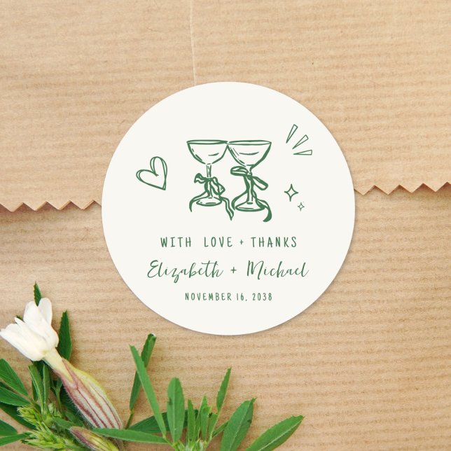 Whimsical Hand Drawn Green Cream Wedding Thank You Classic Round Sticker (Whimsical Hand Drawn Green Cream Wedding Thank You Classic Round Sticker)