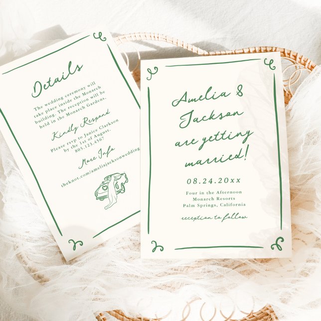 Whimsical Hand Drawn Green + Details Wedding Invitation (Creator Uploaded)