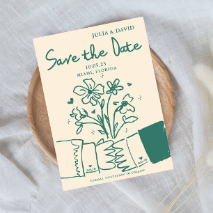 Whimsical Hand Drawn Green Floral Wedding Save The Save The Date