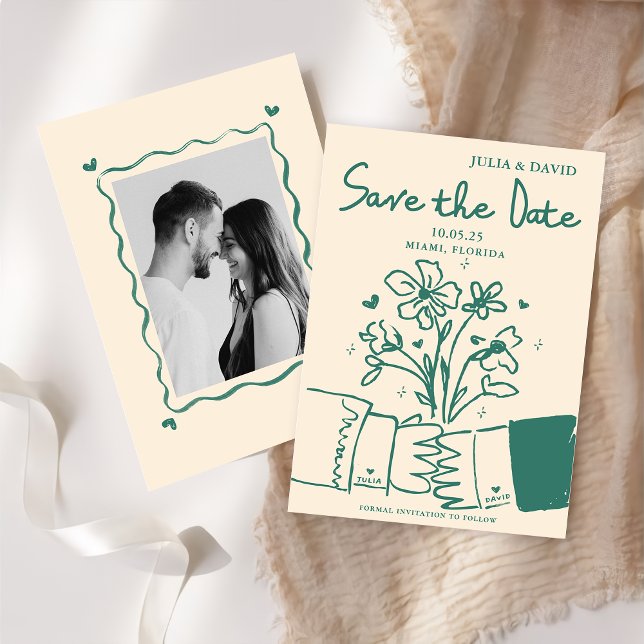 Whimsical Hand Drawn Green Floral Wedding Save The Save The Date (Creator Uploaded)