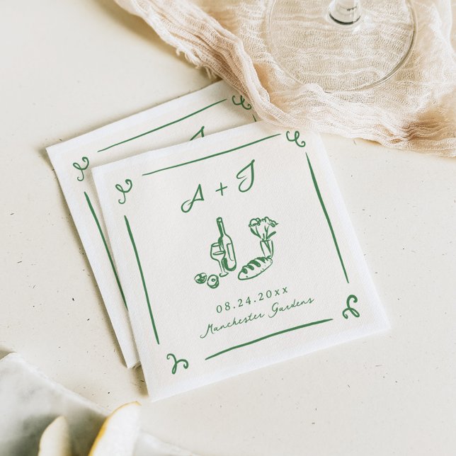 Whimsical Hand Drawn Green Food & Wine Wedding Napkin (Creator Uploaded)